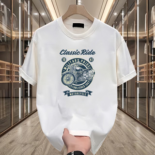 【大碼】220Gsm Tee 純色街頭時尚印花透氣潮流插畫圖案黑白上衣T恤2025情侶棉襯衫純色圓領男士