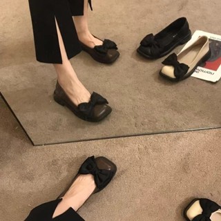 英倫風日系蝴蝶結方頭樂福鞋女2025新款百搭舒適一腳蹬懶人單鞋子