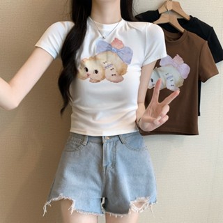72310 圓領可愛小貓咪印花蝴蝶結短袖T恤