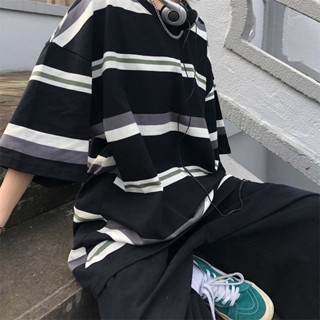 $免運$ 男生短袖 條紋上衣 五分袖 中性穿搭 純棉短袖 韓國復古港風純棉百搭日系簡約條紋寬鬆情侶短袖T恤男女情侶款