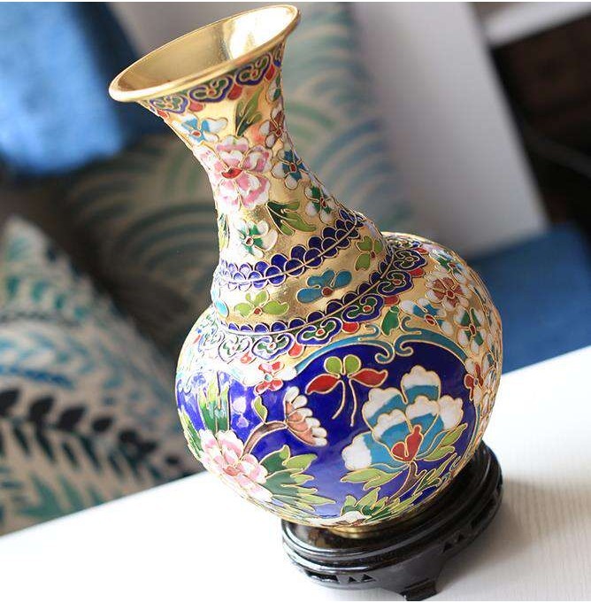 北京正宗景泰藍銅胎掐絲琺琅花瓶家居擺件花絲牡丹龍鳳金地留香瓶