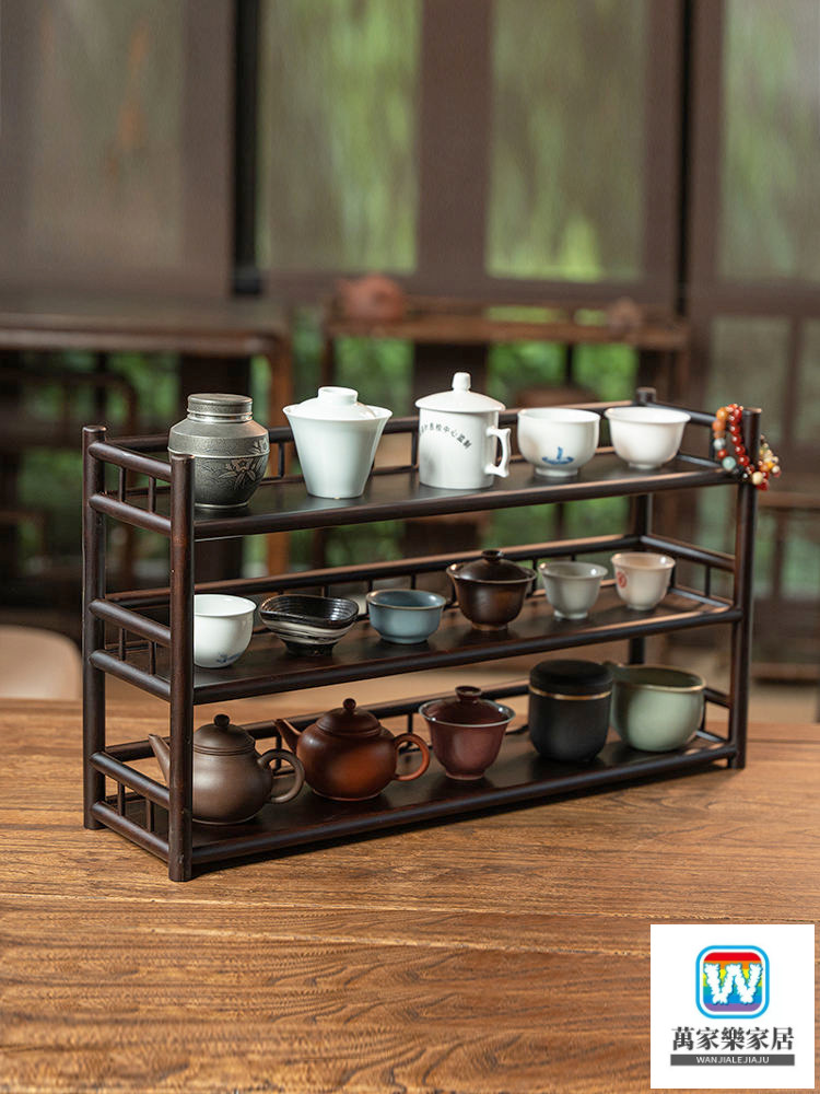 【萬家樂】  功夫茶杯架紫砂壺擺放雙層加長茶室桌上型器具展示收納置物竹博古架