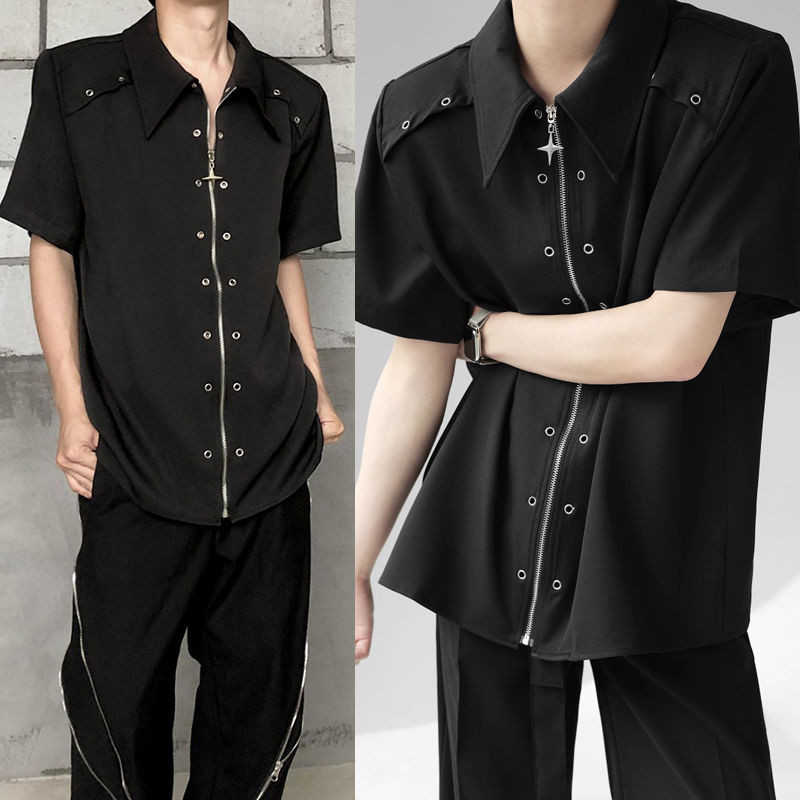 暗黑小眾金屬解構設計感拉鍊襯衫男潮墊肩短袖層次襯衫潮