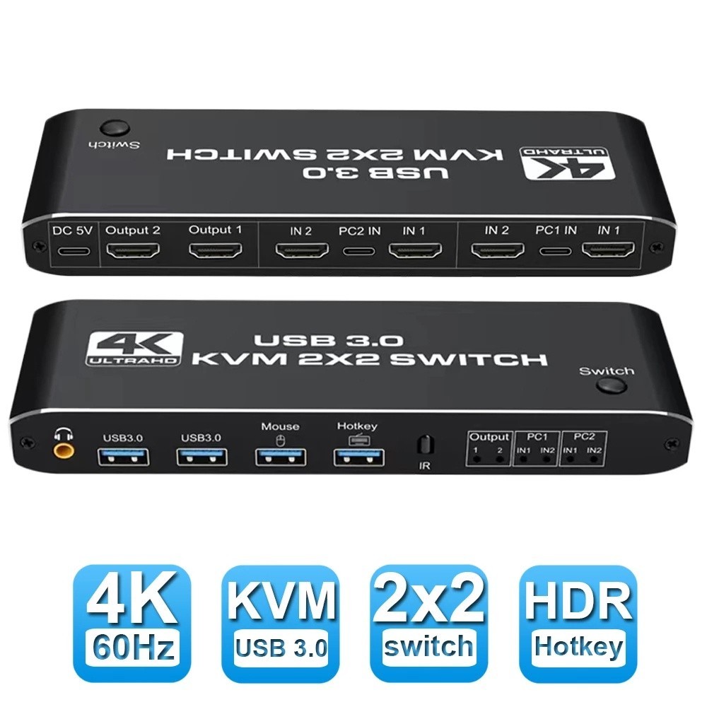 ♞雙顯示器 HDMI KVM 切換器 2x2 USB3.0 HDMI KVM 切換器 2 進 2 出 4K 60Hz 2