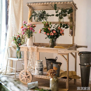 💒浪淇家居🏡 大型實木推車田園花車花架置物架花店裝飾陳列展架多功能複古擺件