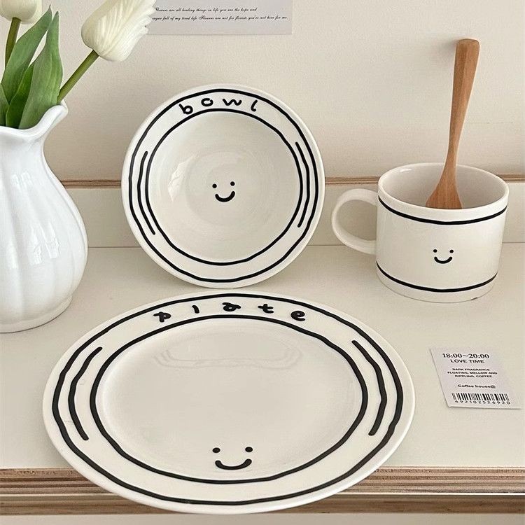 陶瓷盤 韓系家用塗鴉盤子 可愛笑臉米飯碗