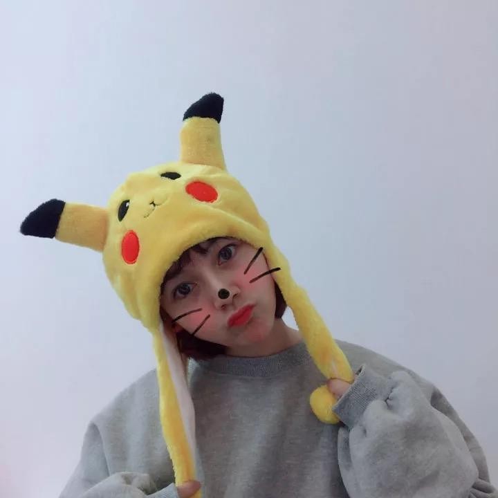 <超美新款> ins可愛動漫少女心毛絨黃色皮卡丘睡帽頭套帽子網紅拍照道具