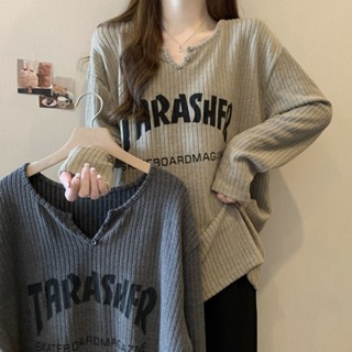 【店鋪熱銷】坑條螺紋長袖T卹打底衫女春秋冬新款寬鬆顯瘦大碼中長款150.0kg上衣
