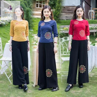 民國風大尺碼女裝旗袍上衣漢服夏裝 中國風唐裝套裝復古棉麻兩件套女