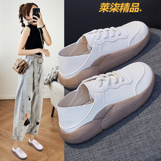 【臺灣出貨】小白鞋女 懶人鞋女 白色休閒鞋 透氣皮面鞋 百搭時尚鞋 厚底增高女鞋 韓版小白鞋 透氣休閒鞋