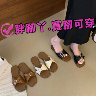 『胖腳丫』超大尺碼44碼 加肥加寬 35-43碼 大尺碼女鞋41韓國復古涼拖鞋女2024年新款配裙子一字扣拖鞋