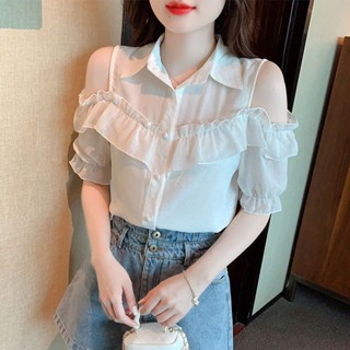現貨 新品熱賣 女生設計感露肩短袖襯衫 【1386人好評】時尚氣質露肩雪紡衫女夏裝2023年新款木耳邊短袖襯衫洋氣上衣小