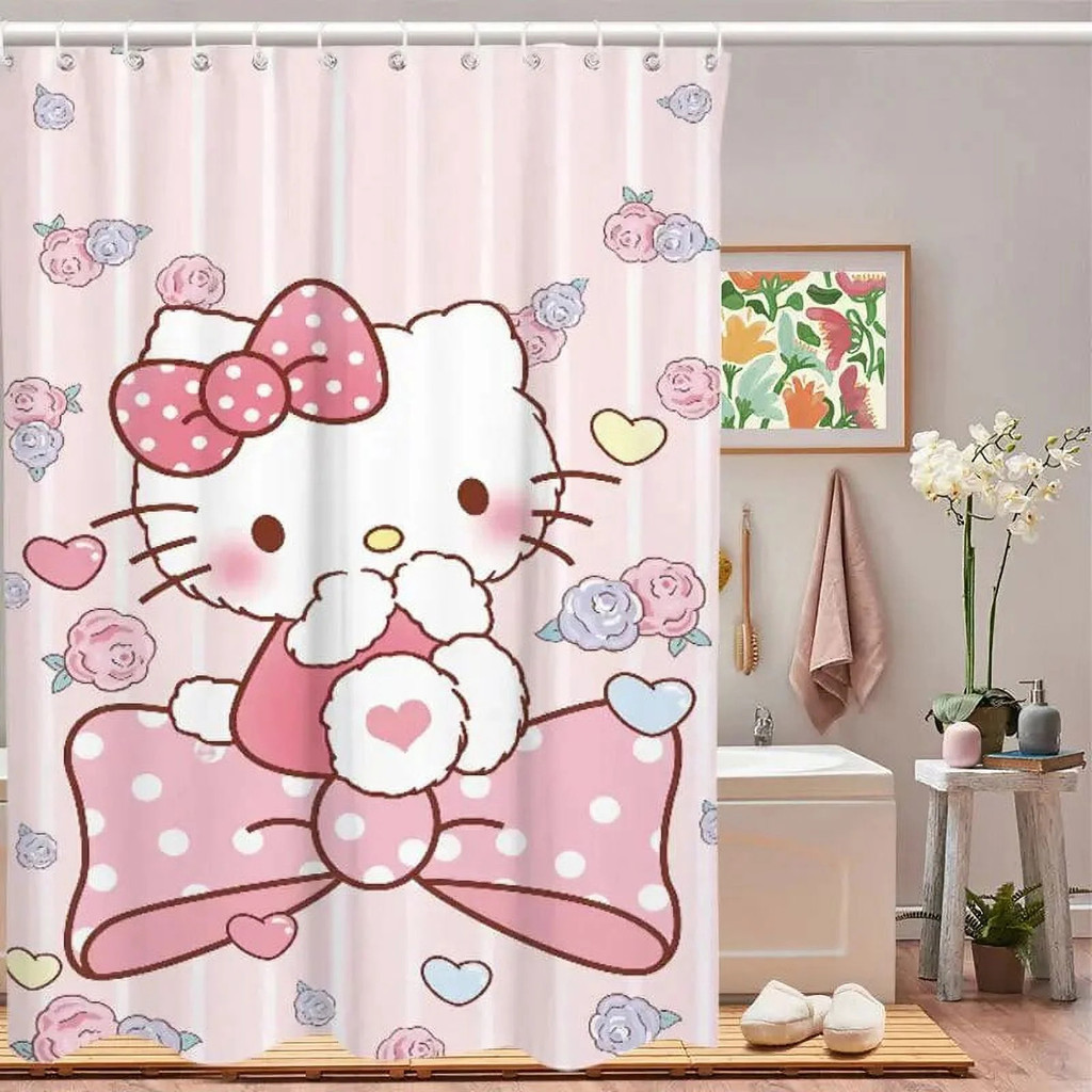 三麗鷗 Hello Kitty 浴簾防水滌綸浴室簾掛鉤卡通浴室裝飾簾