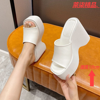 坡跟鞋女增高拖鞋 厚底拖鞋增高 外出 超高跟拖鞋 外穿 室外涼拖鞋增高 內增高涼鞋女坡跟超高跟鞋防水臺鬆糕厚底白色拖鞋