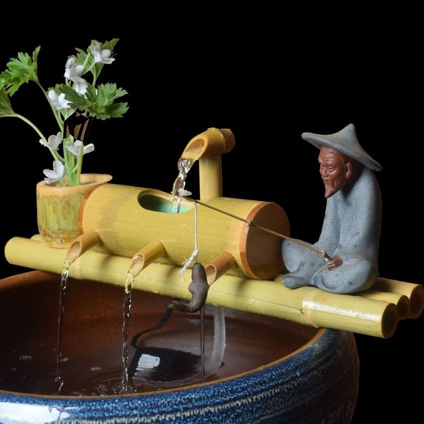 現貨熱銷 魚缸過濾器自動循環流水擺件陶瓷石槽造景裝飾竹子流水養魚製氧竹