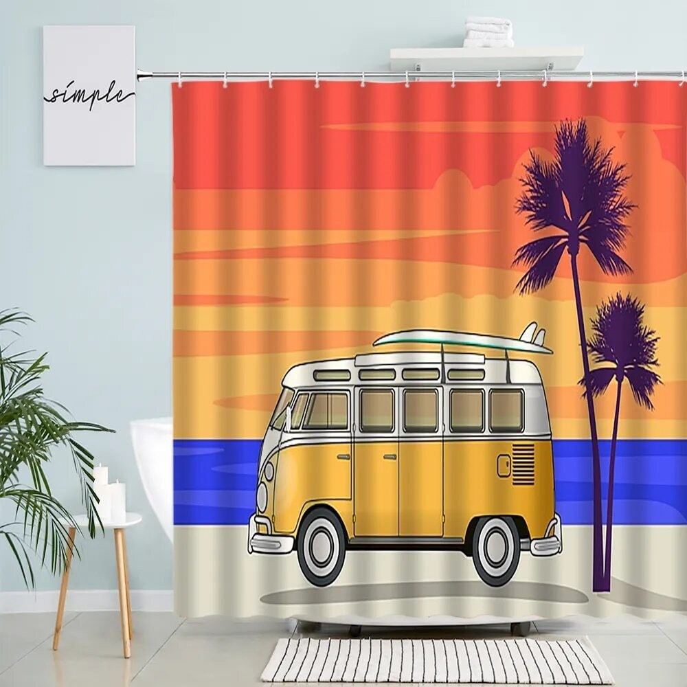 夏季海洋沙灘露營衝浪浴簾棕櫚樹旅行巴士衝浪板圖案滌綸面料浴室裝飾掛鉤