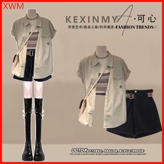S-3XL 40kg-80kg 2025夏季新款一整套時尚條紋顯瘦背心寬鬆襯衫牛仔短褲三件套裝