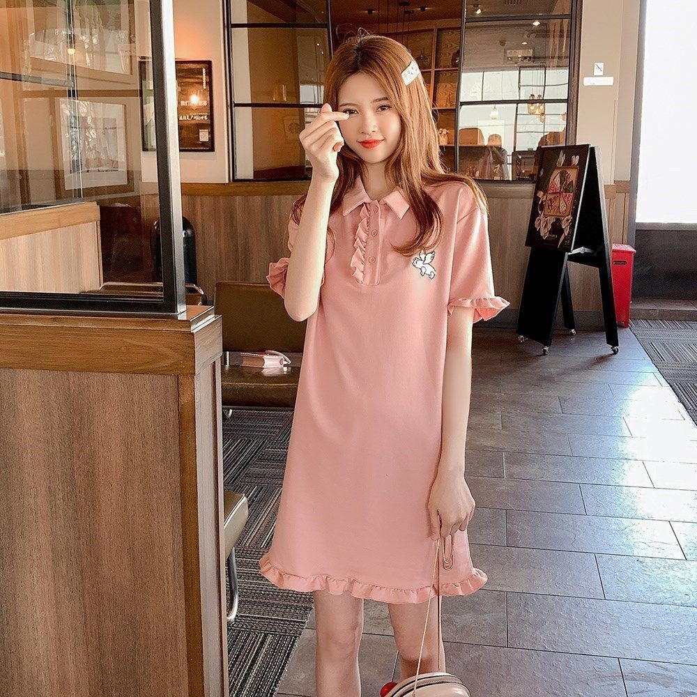 新款女版洋裝韓系風格粉色甜美時尚大尺碼寬鬆裙子