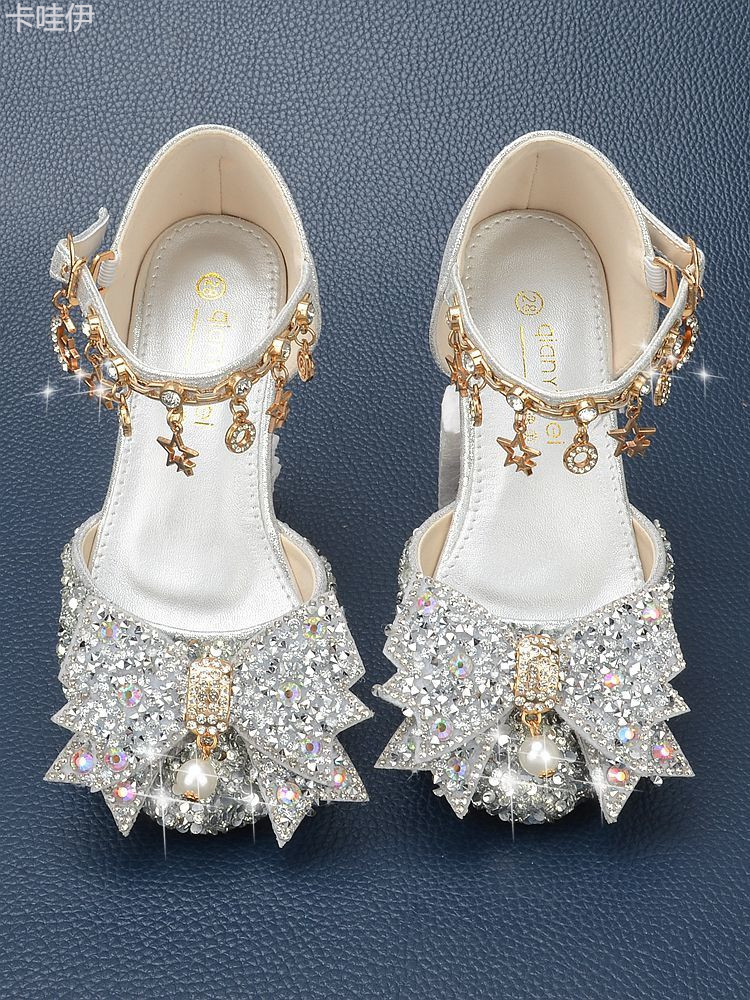 女童銀色公主鞋包頭蝴蝶結小女孩水晶鞋水鑽軟底禮服裙兒童高跟鞋