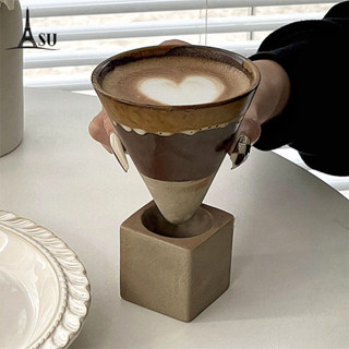 新品特賣 ins復古手工陶瓷咖啡杯 女生家用簡約拿鐵拉花杯 漏斗狀粗陶馬克杯