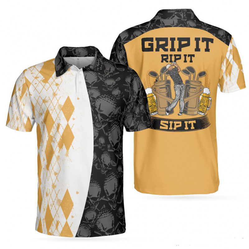 Grip it Rip it sip it golf V2 polo 衫,骷髏高爾夫襯衫設計黃色鑽石圖案 Golfpol