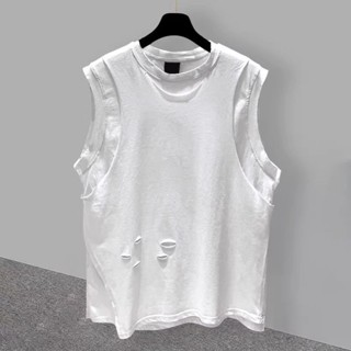 【可奈】 【店鋪熱銷】特大碼150.0kg假兩件破洞無袖潮男t卹夏季潮流體恤寬鬆坎肩背心上衣