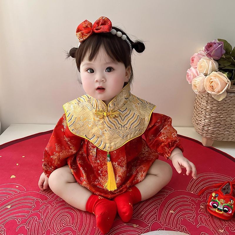 ♞新中式週歲禮服女中國風一歲生日宴會唐裝寶寶夏衣服嬰兒抓周衣服