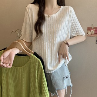 💕甜心大尺碼💕大尺碼2025年夏季寬鬆顯瘦U領肌理感純色短袖T恤大碼時尚女裝百搭上衣潮