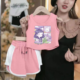 現貨 新品熱賣 女童薄款背心短褲套裝 兒童韓版女童寶寶夏季新款爆款無袖背心套裝休閒短褲運動兩件套