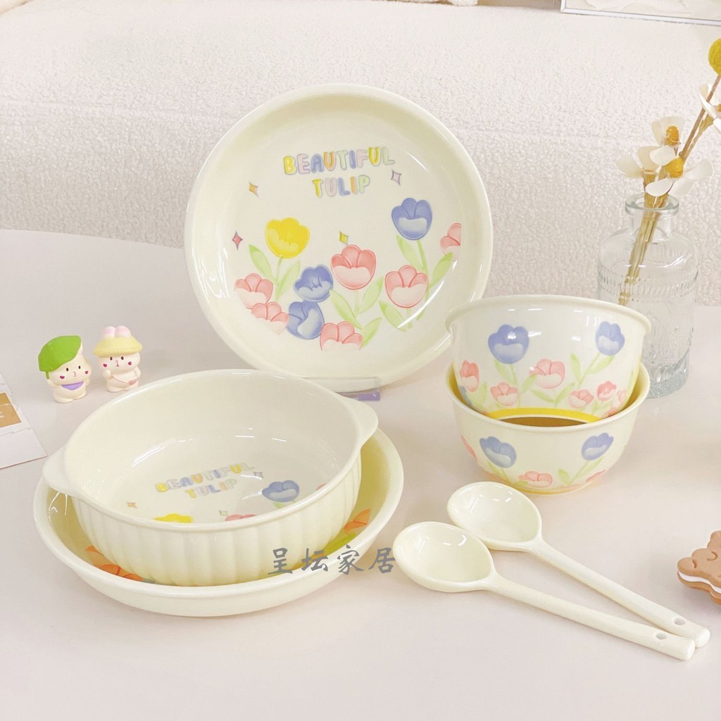 陶瓷碗盤套裝 家用耐高溫可愛餐盤 韓系盤子菜碟