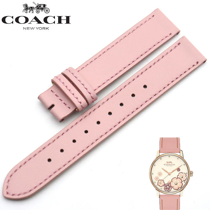 COACH蔻馳手錶GRAND系列小牛皮茶玫瑰女款錶帶粉色光面柔軟16MM