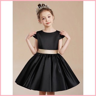 【寶島萬象集】 中小學生合唱團表演服高級黑色緞面晚禮服女童洋氣小提琴鋼琴比賽兒童洋裝禮服 宴會禮服 小花童禮服 可訂製