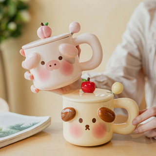 奶fufu可愛陶瓷卡通動物馬克杯少女心帶蓋勺小豬小狗咖啡杯萌趣杯