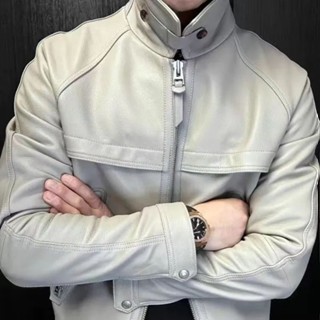 優質新品 歐洲站秋冬新款潮流時尚拼接皮衣 外套 男士短版休閒外套 翻領機車皮夾克