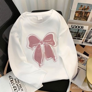 💕甜心小鋪💕 純棉寬鬆百搭蝴蝶結印花秋季韓版打底衫上衣長袖T恤潮