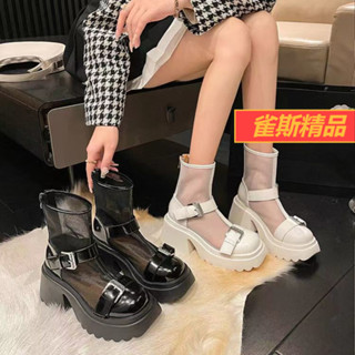 【臺灣出貨】粗跟女靴 網靴 增高靴子 夏天靴子 透氣靴子 韓版 新款 粗跟高跟羅馬鞋 網紗 鏤空涼靴女 厚底短靴馬丁靴女