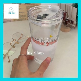 怪獸百貨【臺灣出貨】 韓國ins潛入你夢境玻璃杯學生大容量吸管水杯簡約早餐藍色字母杯少女心玻璃吸管杯透明杯子隨行杯 韓系
