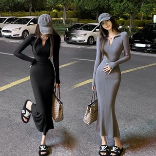 ❤免運❤ 法式包臀魚尾裙 連身裙 顯瘦長裙 a字裙 洋裝長裙 婚禮穿搭 長裙女秋季長袖氣質Polo洋裝純欲收腰長裙