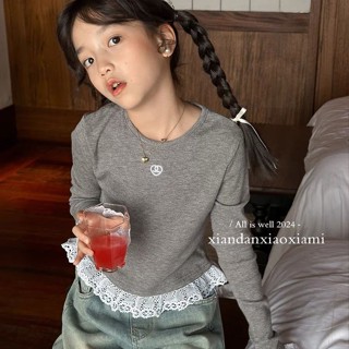✨小不點兒✨女童長袖上衣 秋季新款打底衫T恤上衣舒適公主風蕾絲拼接時髦洋氣兒童長袖（90-150碼）