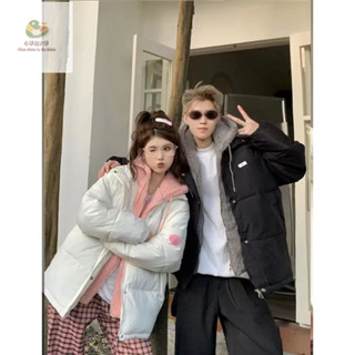 【小手拉大手情侶館 】 情侶裝假兩件拼接羊羔絨連帽羽絨棉服棉衣棉裄寬鬆加厚保暖外套潮 大尺碼 顯瘦 爆款