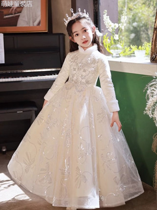 免運萌娃花童禮服小洋裝 女童洋裝 長袖洋裝 長袖禮服 女童公主裙 公主洋裝 加厚蕾絲洋氣公主裙冬裝 蓬網紗裙 婚紗禮服