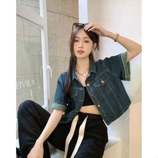 💕甜心大尺碼💕大尺碼復古港風薄款牛仔外套女夏季胖MM寬松顯瘦短袖短款上衣ins潮