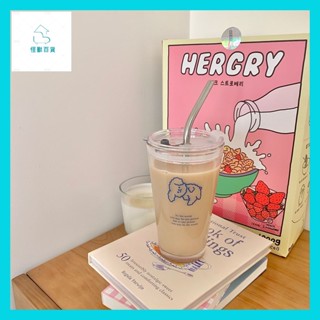 怪獸百貨【臺灣出貨】 水杯杯子隨行吸管杯ins可愛卡通飲料玻璃杯牛奶早餐杯果汁杯咖啡杯吸管杯耐熱耐高溫刻度水杯 杯子 玻