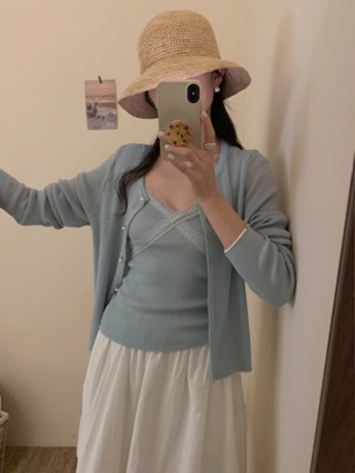 V領蕾絲邊吊帶 +珍珠扣針織小外套短外套兩件套 78786
