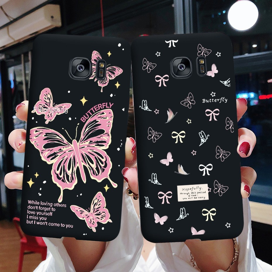 SAMSUNG 適用於三星 S9 S8 plus S7 S6 EDGE 手機殼粉色蝴蝶 TPU 後蓋