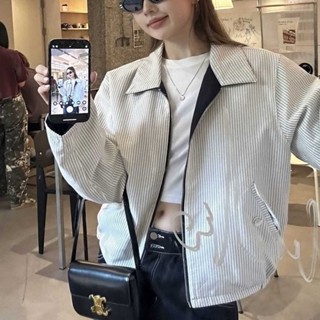 新品熱銷 美式高階氣質簡約中性風條紋夾克雙面穿長袖外套2024秋季新款上衣