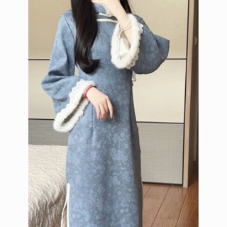 【臺灣制 】旗袍 秋冬旗袍 改良式旗袍 復古旗袍 倒大袖旗袍 加絨加厚 修身旗袍 民國旗袍 藍色旗袍 中國風旗袍 旗袍女