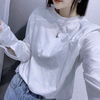 💕甜心大尺碼💕大尺碼春秋新款簡約白色打底衫女內搭純棉寬松襯衫袖別致長袖t恤上衣ins