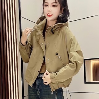女生衣著韓版外套 秋季新款歐貨設計款連帽拉鍊韓版寬鬆工裝風衣外套女夾克