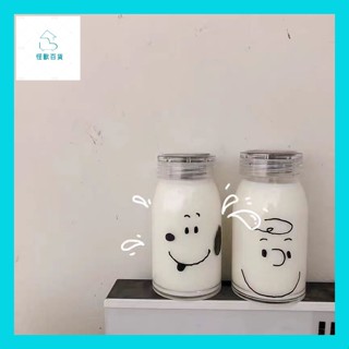 怪獸百貨【臺灣出貨】 史努比玻璃杯 可愛簡約透明水杯 ins風小清新森系少女心學生牛奶咖啡杯子 有蓋玻璃杯 牛奶玻璃杯